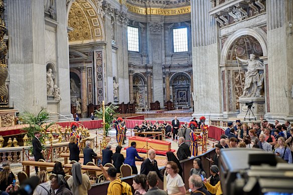 The Pope’s open casket at St Peter’s Basilica in Vatican City.
