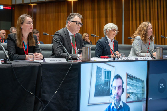 PwC general counsel Kylie Gray, Australia chief executive Kevin Burrowes, chief risk and ethics officer Jan McCahey, global board member Paddy Carney and tax and legal leader Chris Morris (on screen).