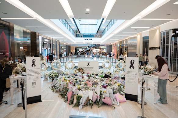 Flowers at the memorial site at Westfield Bondi Junction in the aftermath of the attack.