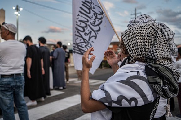 A protest linked to Hizb ut-Tahrir in Sydney in October 2024. The fundamentalist group is banned in a string of countries, including the UK, Germany and Indonesia.