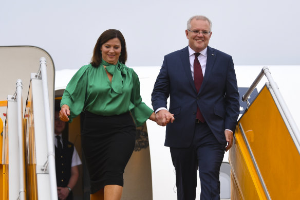 Prime Minister Scott Morrison (right) and his wife Jenny at Noi Bai Airport in Hanoi, Vietnam, on Thursday.