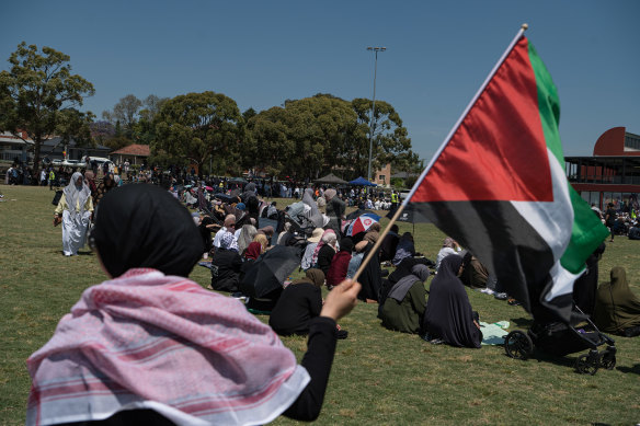 Hundreds attend a prayer vigil in Lakemba on Friday for the Palestinians.