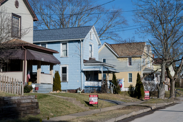 Houses for sale near the site of the 2023 train derailment in East Palestine.