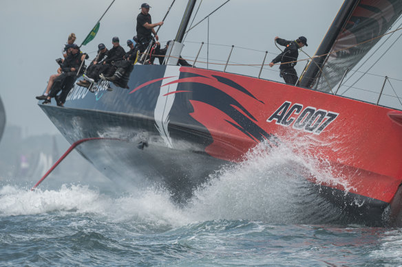 Andoo Comanche sails out of the Sydney Heads at the start of the Sydney Hobart Yacht Race.