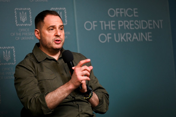 Andriy Yermak, chief of staff of the Ukrainian Presidential Office, speaks during a press conference in June.