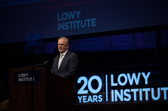 PM Anthony Albanese speaks during the 20 years of Lowy Institute anniversary in Sydney.