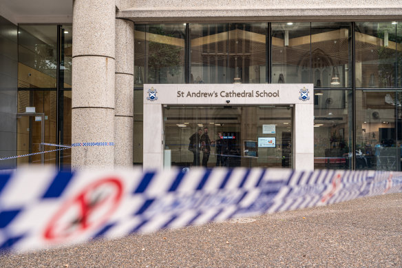 Police at St Andrew’s Cathedral School in the Sydney CBD after Lilie James’ body was found.