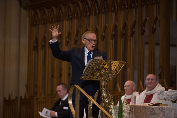 Former NSW premier Bob Carr speaks at the funeral service for his wife Helena Carr.