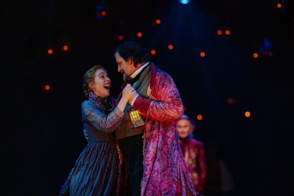 Claire Warrwillow and Lachy Hulme in a scene from the 2025 season of A Christmas Carol.