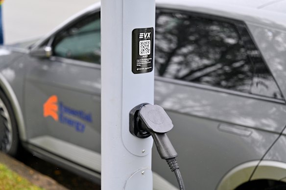 An Essential Energy streetlight electric vehicle charger trial in Newcastle.