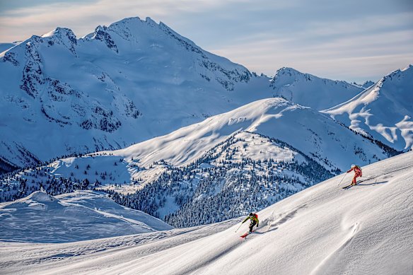 Skiing above the treeline at Whistler.