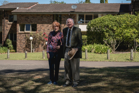 Frank Brady, 95 and Thelma Johnson, 88,  in front of Levande Lourdes, Retirement Village in Killara.