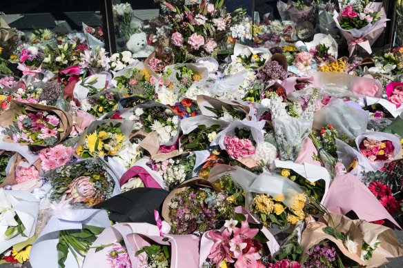 A flower tribute outside St Andrew’s Cathedral School in memory of Lilie James shortly after her death.