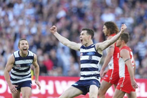 Geelong’s Jeremy Cameron celebrates after kicking a goal.