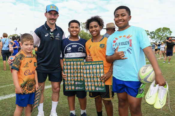 Nic White with fans at the Wallabies’ pre-World Cup camp in Darwin. 