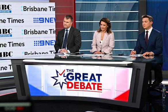 Then Nine News state political reporter Tim Arvier (right), now a deputy director-general of the “strategic communications” arm of the Department of Premier and Cabinet, during 2024’s first leaders debate.