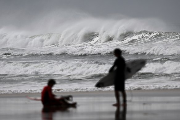 Surfers make their way to the water amid huge surf whipped up by the approaching cyclone.