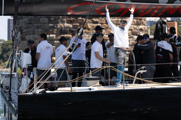 Skipper John Winning and crew of maxi yacht Comanche celebrate Tuesday’s Big Boat Challenge win.