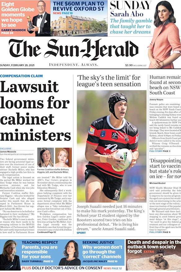Joseph Suaalii as front-page news after making his North Sydney Bears debut in February, 2021.