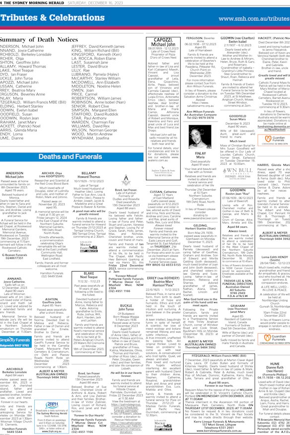 The Tributes and Celebrations pages appear in the Saturday print edition of The Sydney Morning Herald.