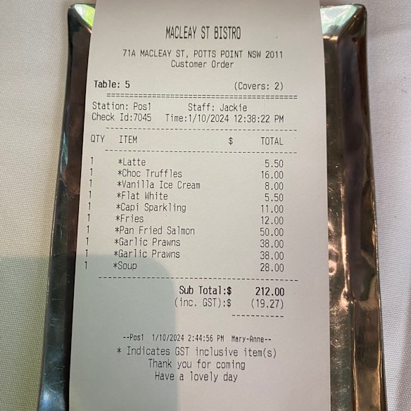 The bill at Macleay Street Bistro.