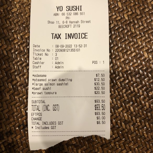 The bill at Yo Sushi.