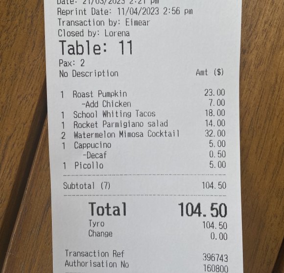 The bill for lunch at Bathers Coogee.