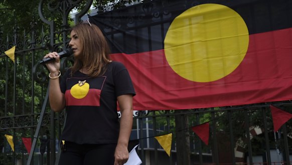 Lidia Thorpe speaks to protesters before an "invasion day" march on January 26.