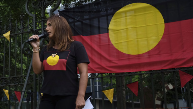 Lidia Thorpe speaks to protesters before an "invasion day" march on January 26.