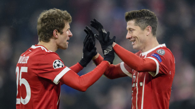 Thomas Mueller and Robert Lewandowski scored twice each for Bayern.