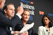 CBA’s Matt Comyn, left, with Qantas’ Vanessa Hudson, and Macquarie’s Shemara Wikramanayake, right, at the Business Summit on Tuesday. morning.