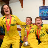 New breed: Sam Konstas, Harry Dixon and Ollie Peake after Australia claimed the ICC U19 World Cup in South Africa last year.