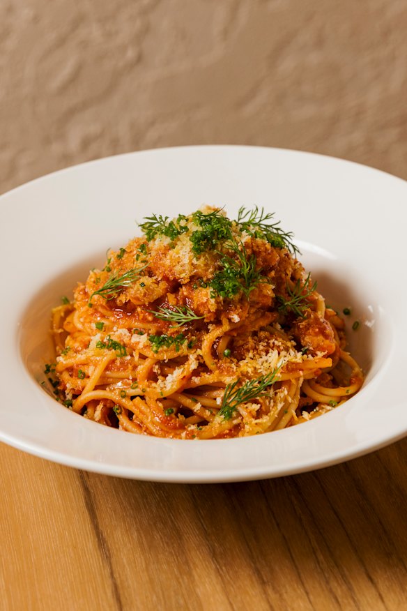 Crab spaghetti with fermented chilli and lemon crumb.