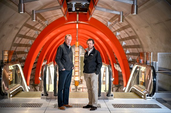 Metro Tunnel Project inaugural chief executive Evan Tattersall (left) with project director Ben Ryan at State Library station.