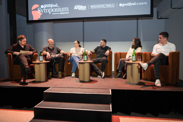 Panellists Callan Boys, editor of SMH Good Food Guide; Alessandro Pavoni, chef and restaurateur, Rebecca Fanning, director of Arthur, Jane and Fior, Huss Rachid, co-owner of Bread Shoppe, Snack Shoppe and My Mother’s Cousin, Palisa Anderson, of Boon Luck Farm and Chat Thai, Patrick Ryan-Parker, manager of Lightspeed, at the Good Food Symposium. 