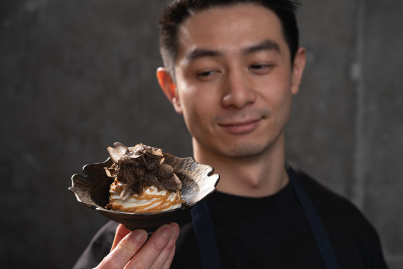 Koi Dessert Bar owner-chef Reynold Poernomo with his truffle and tonka bean caramel soft serve at Monkey’s Corner, Chippendale.