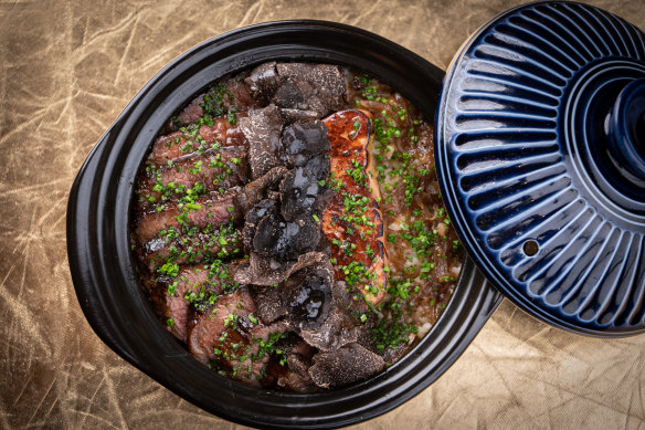 Wagyu striploin, with black truffle and koshihikari rice at Monkey’s Corner, Chippendale.