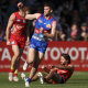 BALLARAT, AUSTRALIA - MAY 21: Bailey Williams of the Bulldogs celebrates a goal during the round 10 AFL match between the Western Bulldogs and the Gold Coast Suns at Mars Stadium on May 21, 2022 in Ballarat, Australia. (Photo by Martin Keep/Getty Images)