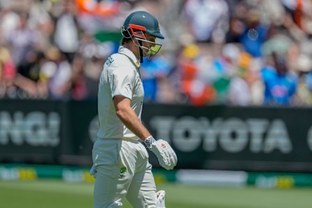 Mitch Marsh walks off the MCG after his second innings dismissal.