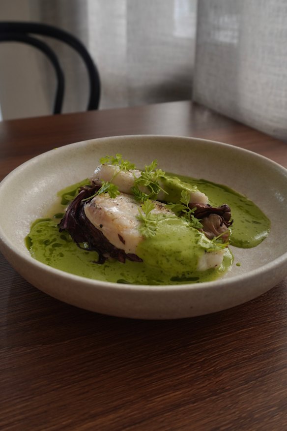 Pink ling with radicchio, garlic chive and fish cream and chive oil.
