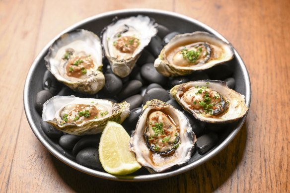 Oysters are topped with a mole mignonette.