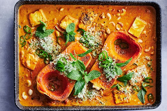 Jessica Brook's one-tray butternut pumpkin, chickpea and paneer curry with coconut sambal.