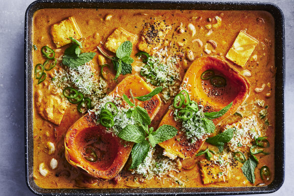 One-tray butternut pumpkin, chickpea and paneer curry with coconut sambal.