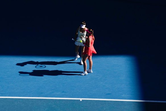 Hsieh Su-Wei of Taiwan and Jelena Ostapenko of Latvia prepare to serve against Katerina Sinikova of Czech Republic and Taylor Townsend of the U.S.
