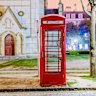 A bright red English-style phone booth in British-inspired Thames Town, Shanghai.