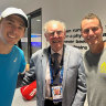 Alex de Minaur (left) and Lleyton Hewitt flank tennis legend Frank Sedgman at the Australian Open on Tuesday.