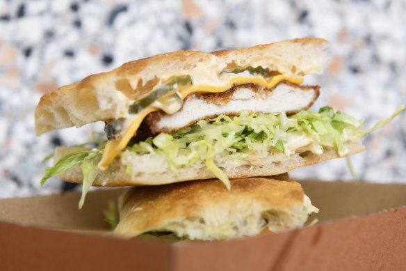 Chicken schnitzel sandwich.