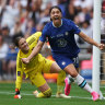: Sam Kerr of Chelsea celebrates after scoring the team’s first goal as Mary Earps of Manchester United reacts during the Vitality Women’s FA Cup Final between Chelsea FC and Manchester United at Wembley Stadium on May 14, 2023 in London, England. (Photo by Eddie Keogh - The FA/The FA via Getty Images)