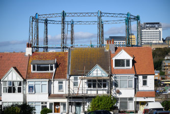 The disused framework of a former gas storage tank remains in Brighton, England.