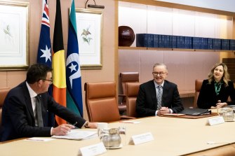 Prime Minister Anthony Albanese, Queensland Premier Annastacia Palaszczuk and Victoria Premier Daniel Andrews meet at national cabinet on Friday.